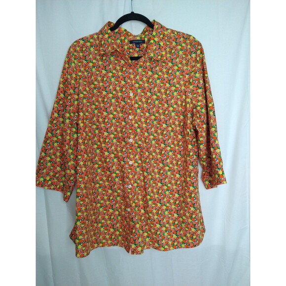 Lands End Womens 20W No Iron Supima Button Shirt 100% Cotton Oranges Lemons 3/4 - Picture 1 of 7